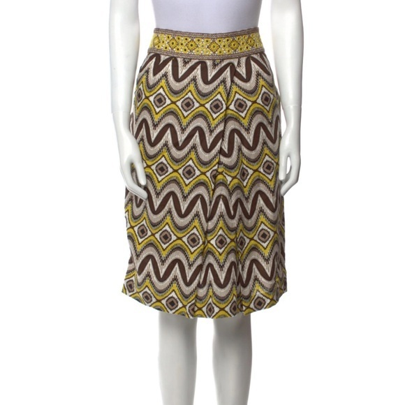 TORY BURCH BROWN YELLOW MIRRORED DETAILED MIDI SKIRT 0 - Picture 1 of 8